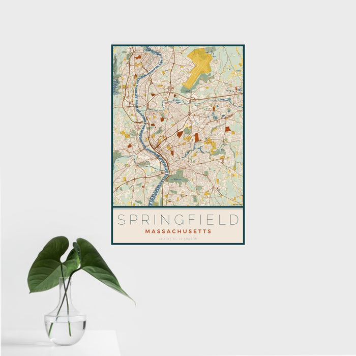 16x24 Springfield Massachusetts Map Print Portrait Orientation in Woodblock Style With Tropical Plant Leaves in Water