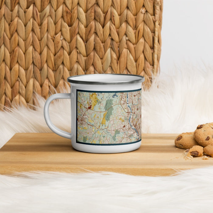Left View Custom Springfield Massachusetts Map Enamel Mug in Woodblock on Table Top