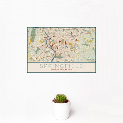 12x18 Springfield Massachusetts Map Print Landscape Orientation in Woodblock Style With Small Cactus Plant in White Planter