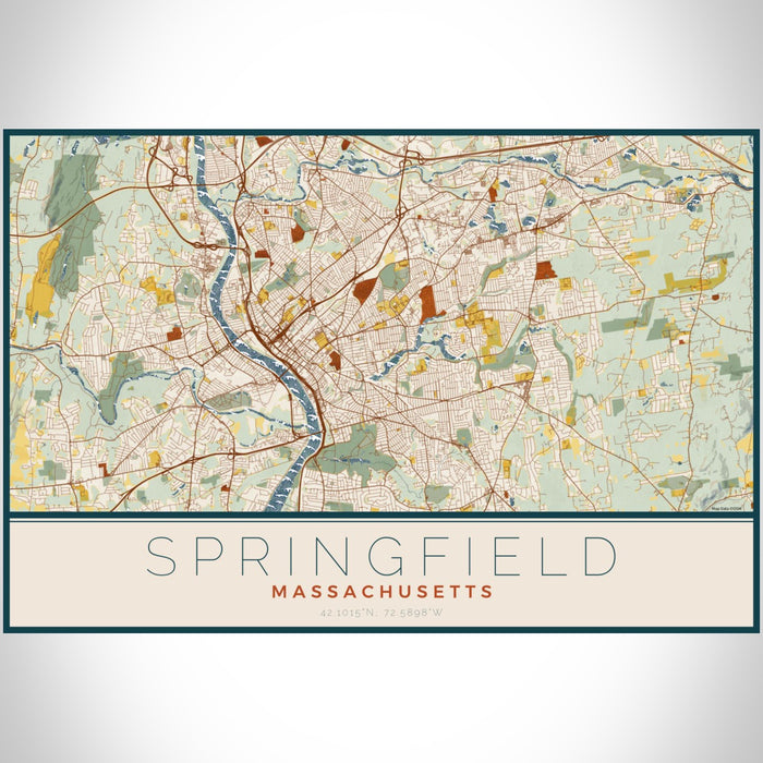 Springfield Massachusetts Map Print Landscape Orientation in Woodblock Style With Shaded Background