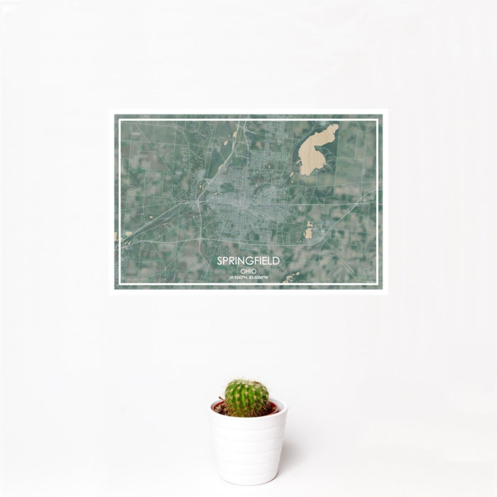 12x18 Springfield Ohio Map Print Landscape Orientation in Afternoon Style With Small Cactus Plant in White Planter