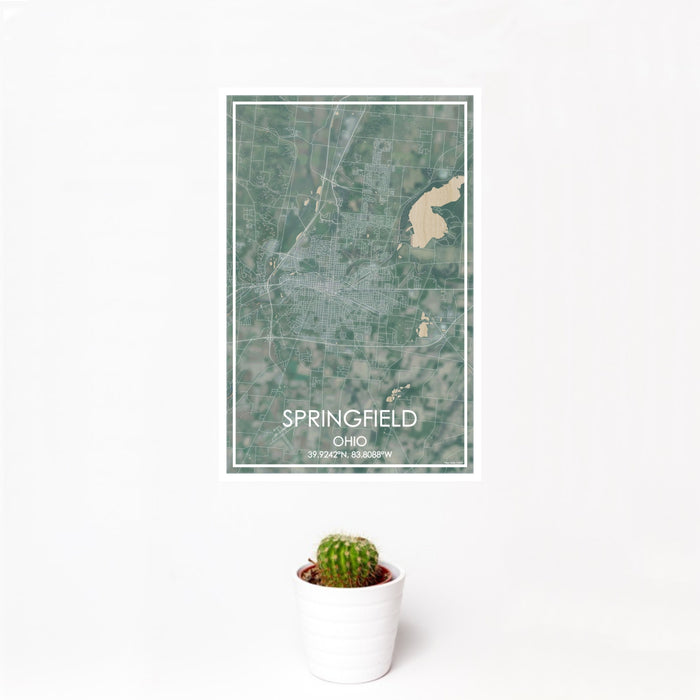 12x18 Springfield Ohio Map Print Portrait Orientation in Afternoon Style With Small Cactus Plant in White Planter