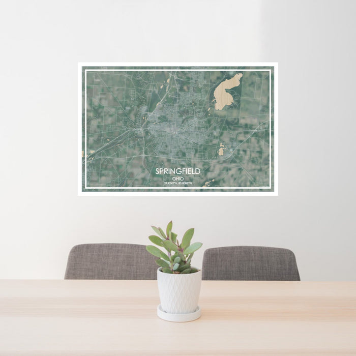 24x36 Springfield Ohio Map Print Lanscape Orientation in Afternoon Style Behind 2 Chairs Table and Potted Plant