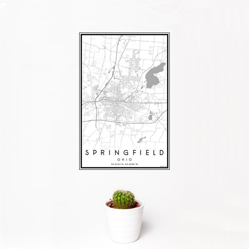 12x18 Springfield Ohio Map Print Portrait Orientation in Classic Style With Small Cactus Plant in White Planter