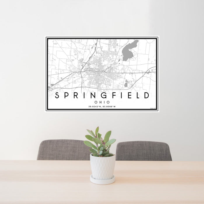 24x36 Springfield Ohio Map Print Landscape Orientation in Classic Style Behind 2 Chairs Table and Potted Plant