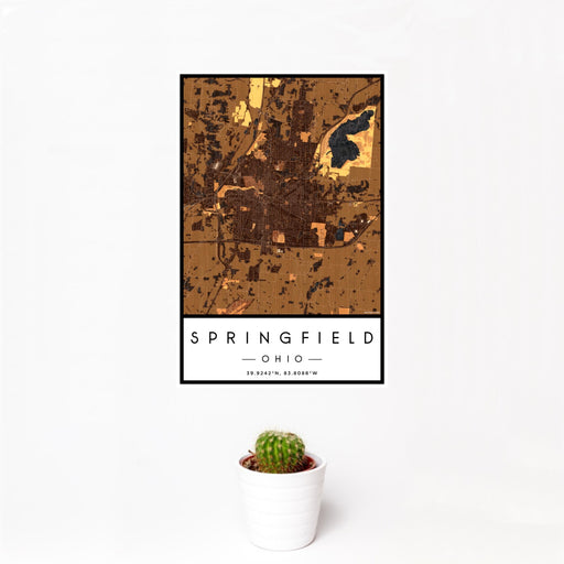 12x18 Springfield Ohio Map Print Portrait Orientation in Ember Style With Small Cactus Plant in White Planter