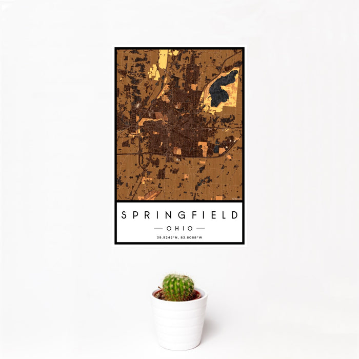 12x18 Springfield Ohio Map Print Portrait Orientation in Ember Style With Small Cactus Plant in White Planter