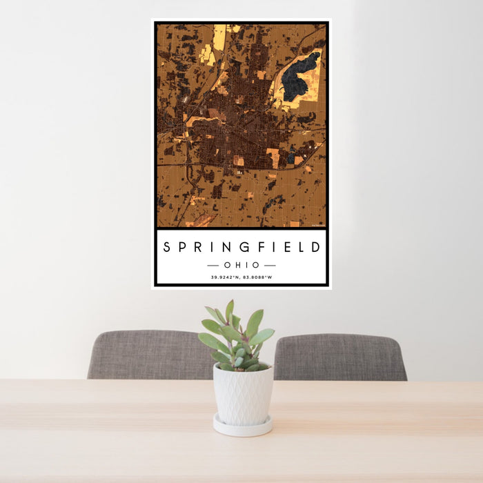 24x36 Springfield Ohio Map Print Portrait Orientation in Ember Style Behind 2 Chairs Table and Potted Plant