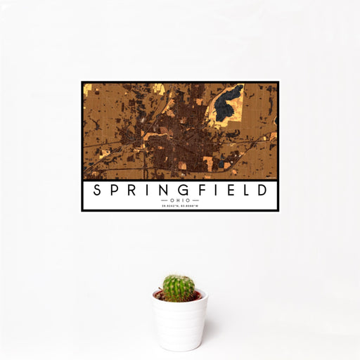 12x18 Springfield Ohio Map Print Landscape Orientation in Ember Style With Small Cactus Plant in White Planter