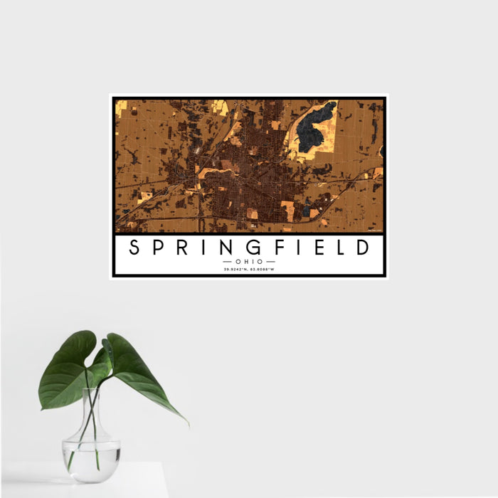 16x24 Springfield Ohio Map Print Landscape Orientation in Ember Style With Tropical Plant Leaves in Water