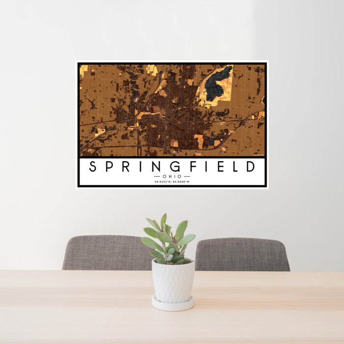 24x36 Springfield Ohio Map Print Landscape Orientation in Ember Style Behind 2 Chairs Table and Potted Plant