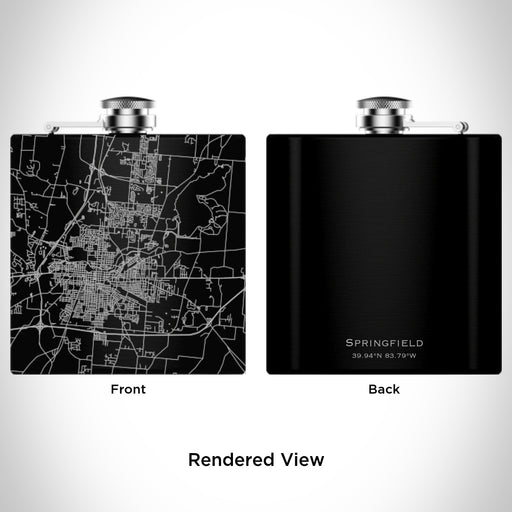 Rendered View of Springfield Ohio Map Engraving on 6oz Stainless Steel Flask in Black