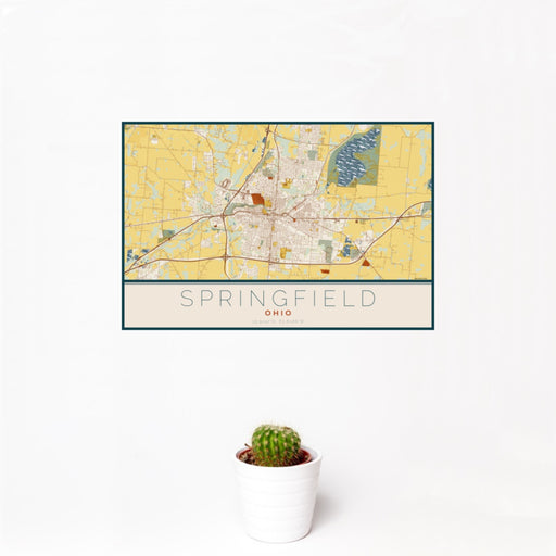 12x18 Springfield Ohio Map Print Landscape Orientation in Woodblock Style With Small Cactus Plant in White Planter