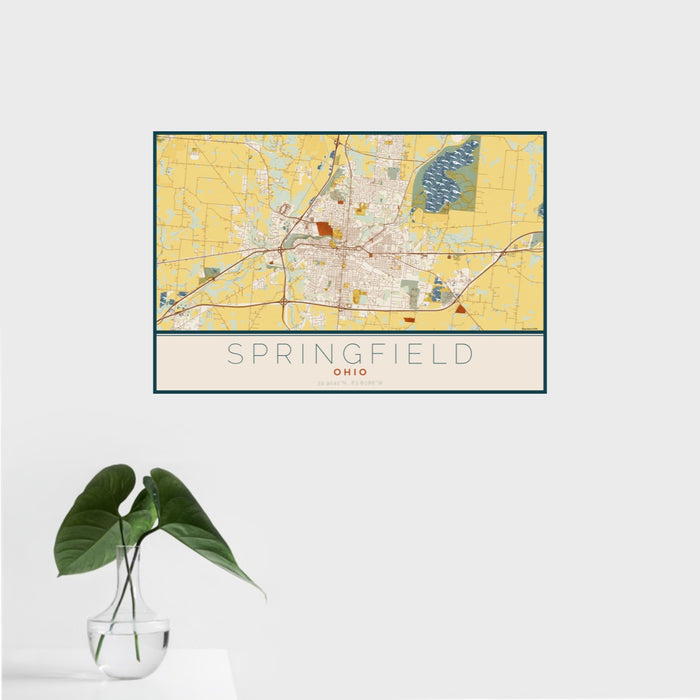 16x24 Springfield Ohio Map Print Landscape Orientation in Woodblock Style With Tropical Plant Leaves in Water