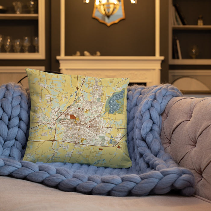 Custom Springfield Ohio Map Throw Pillow in Woodblock on Cream Colored Couch