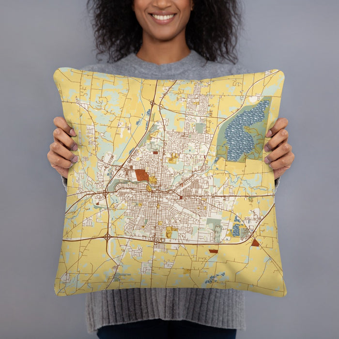 Person holding 18x18 Custom Springfield Ohio Map Throw Pillow in Woodblock