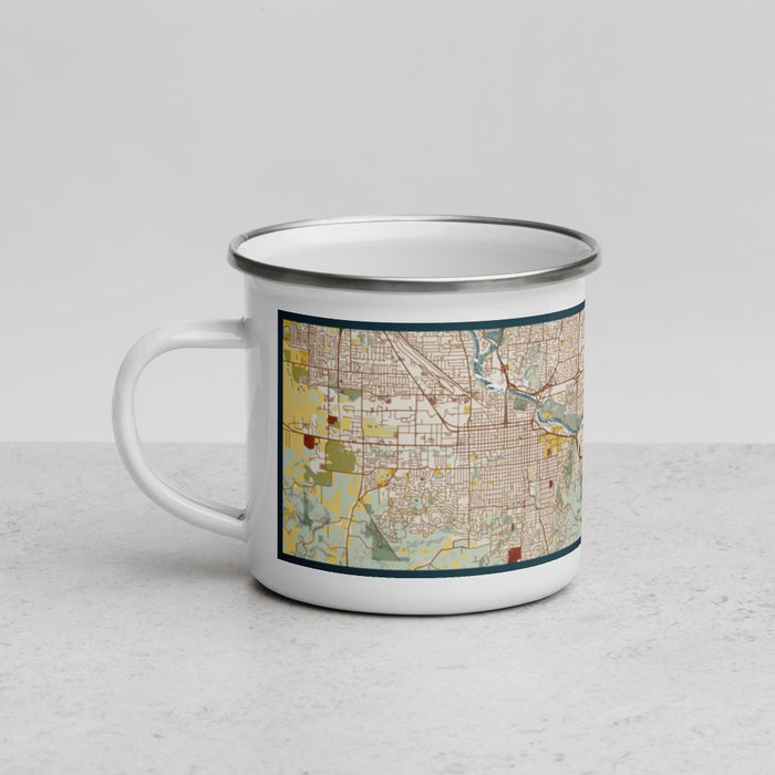 Left View Custom Springfield Oregon Map Enamel Mug in Woodblock