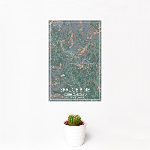 12x18 Spruce Pine North Carolina Map Print Portrait Orientation in Afternoon Style With Small Cactus Plant in White Planter