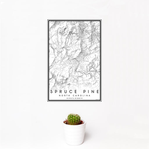 12x18 Spruce Pine North Carolina Map Print Portrait Orientation in Classic Style With Small Cactus Plant in White Planter