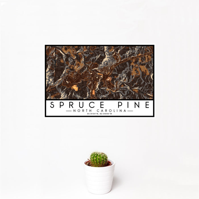 12x18 Spruce Pine North Carolina Map Print Landscape Orientation in Ember Style With Small Cactus Plant in White Planter