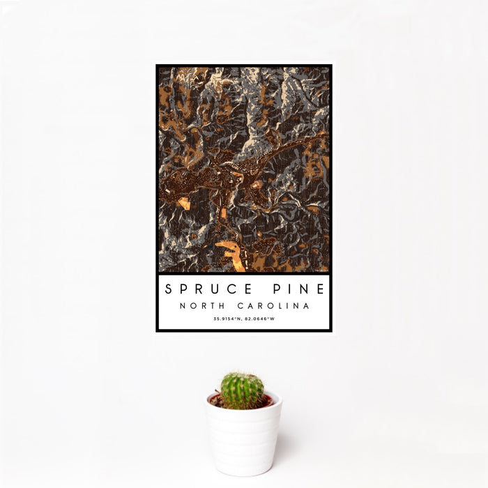 12x18 Spruce Pine North Carolina Map Print Portrait Orientation in Ember Style With Small Cactus Plant in White Planter