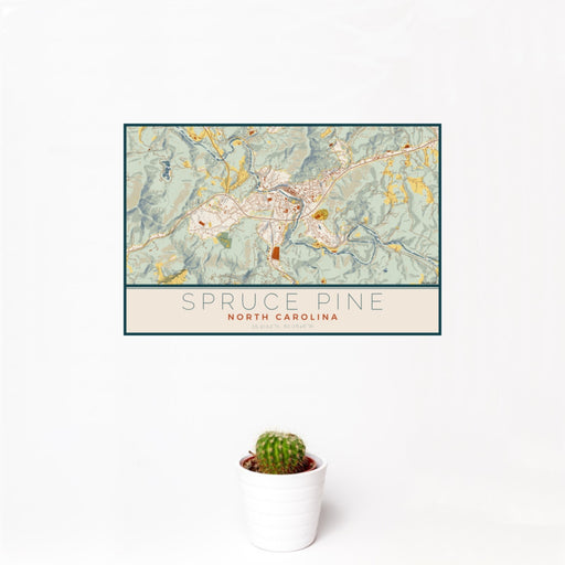 12x18 Spruce Pine North Carolina Map Print Landscape Orientation in Woodblock Style With Small Cactus Plant in White Planter