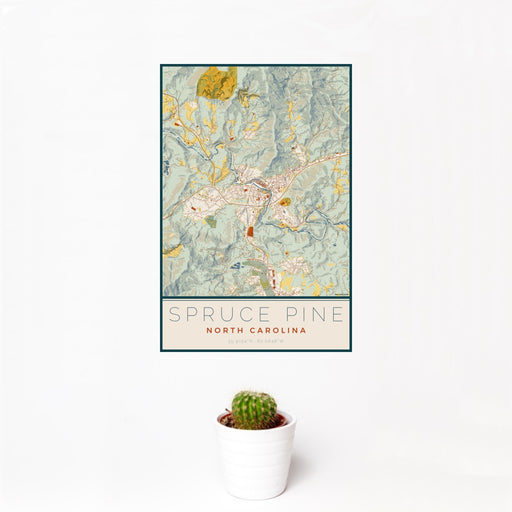 12x18 Spruce Pine North Carolina Map Print Portrait Orientation in Woodblock Style With Small Cactus Plant in White Planter