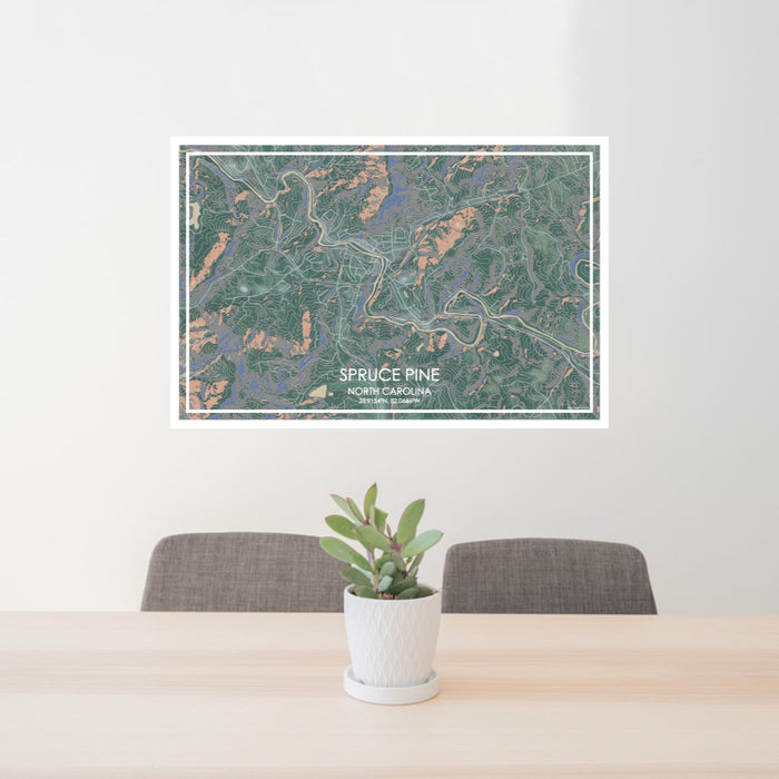 24x36 Spruce Pine North Carolina Map Print Lanscape Orientation in Afternoon Style Behind 2 Chairs Table and Potted Plant