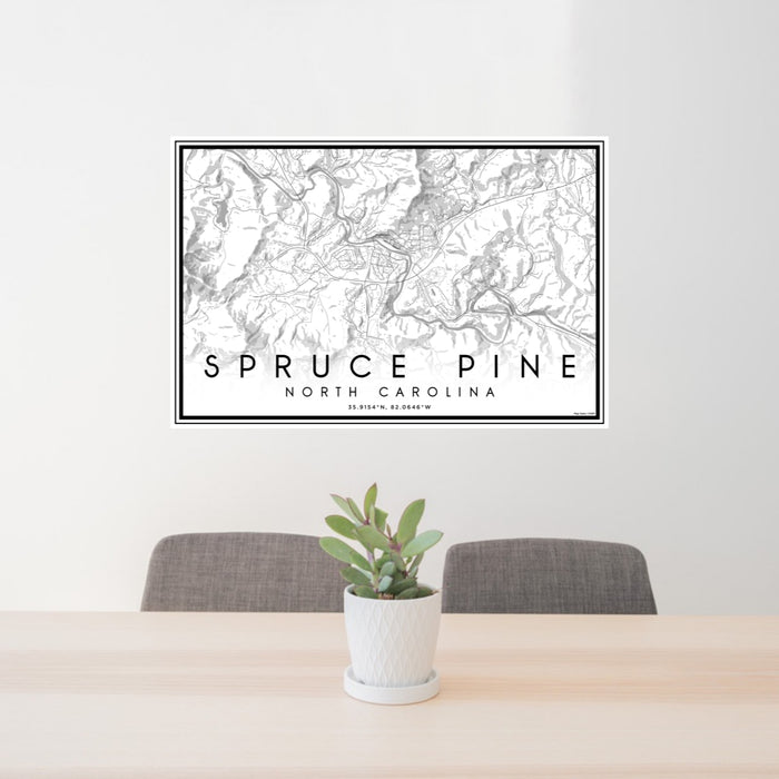 24x36 Spruce Pine North Carolina Map Print Lanscape Orientation in Classic Style Behind 2 Chairs Table and Potted Plant