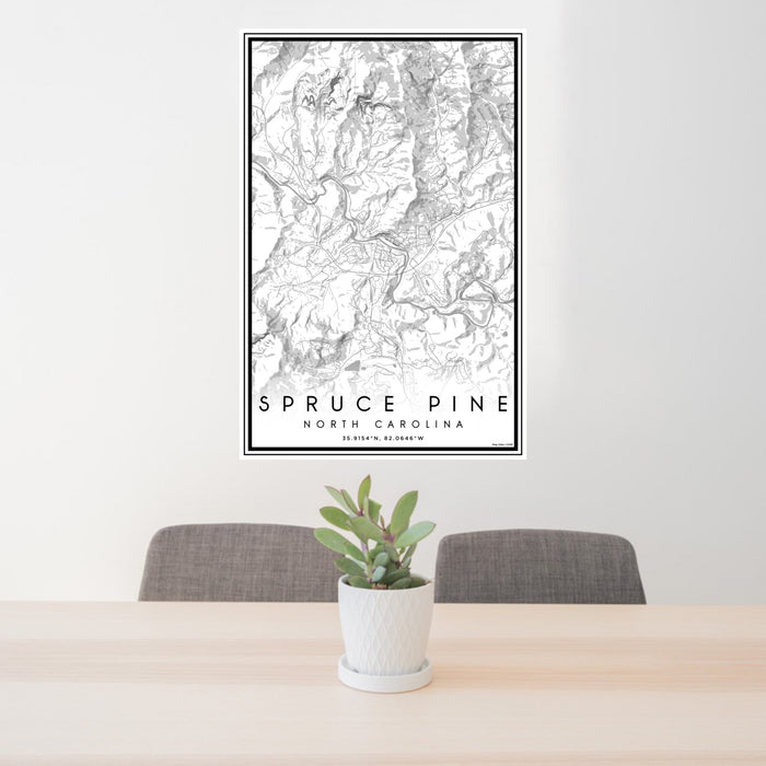 24x36 Spruce Pine North Carolina Map Print Portrait Orientation in Classic Style Behind 2 Chairs Table and Potted Plant