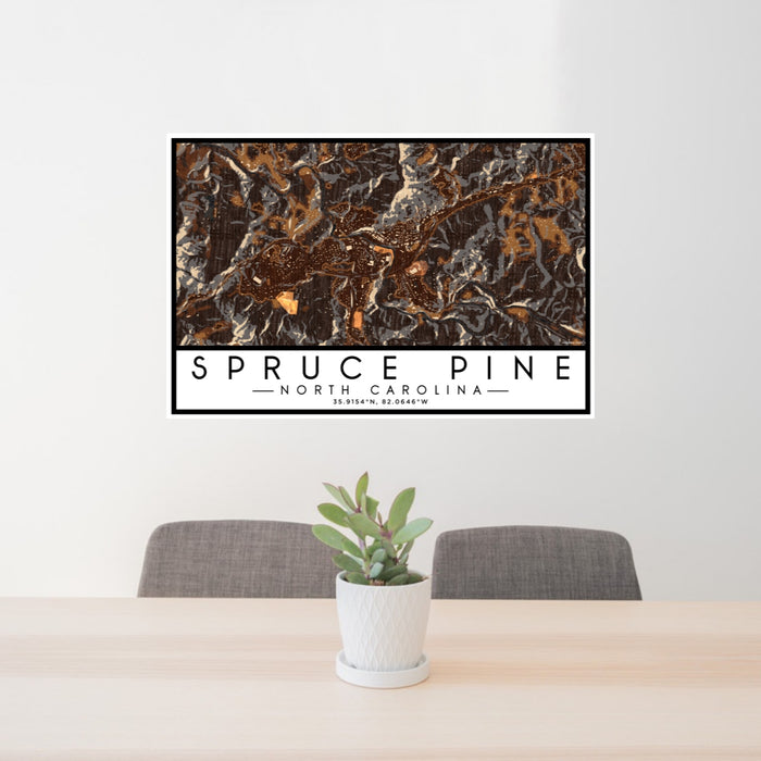 24x36 Spruce Pine North Carolina Map Print Lanscape Orientation in Ember Style Behind 2 Chairs Table and Potted Plant