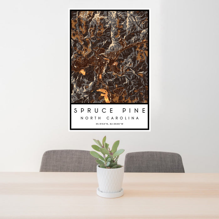 24x36 Spruce Pine North Carolina Map Print Portrait Orientation in Ember Style Behind 2 Chairs Table and Potted Plant