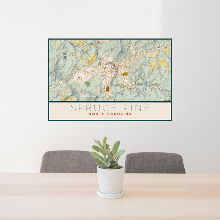 24x36 Spruce Pine North Carolina Map Print Lanscape Orientation in Woodblock Style Behind 2 Chairs Table and Potted Plant