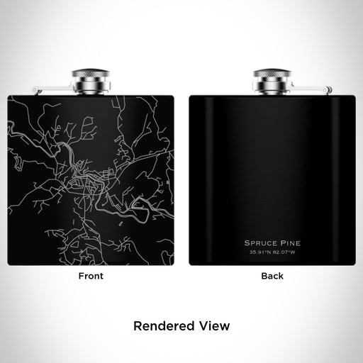 Rendered View of Spruce Pine North Carolina Map Engraving on 6oz Stainless Steel Flask in Black