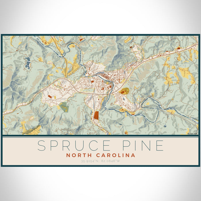 Spruce Pine North Carolina Map Print Landscape Orientation in Woodblock Style With Shaded Background