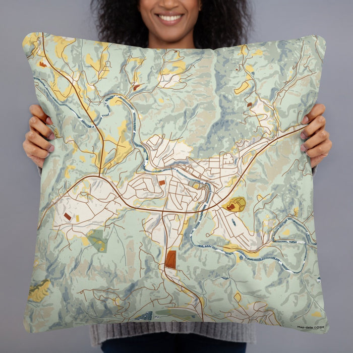 Person holding 22x22 Custom Spruce Pine North Carolina Map Throw Pillow in Woodblock