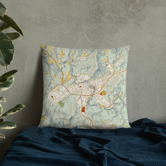 Custom Spruce Pine North Carolina Map Throw Pillow in Woodblock on Bedding Against Wall