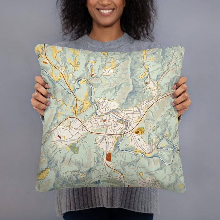 Person holding 18x18 Custom Spruce Pine North Carolina Map Throw Pillow in Woodblock