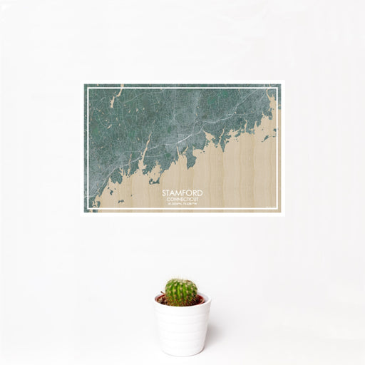 12x18 Stamford Connecticut Map Print Landscape Orientation in Afternoon Style With Small Cactus Plant in White Planter