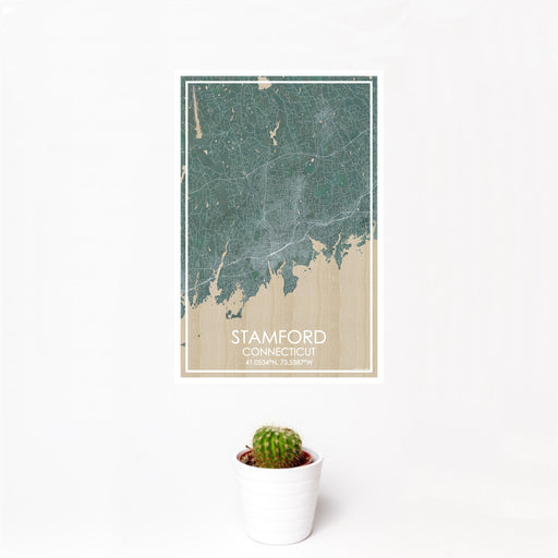 12x18 Stamford Connecticut Map Print Portrait Orientation in Afternoon Style With Small Cactus Plant in White Planter