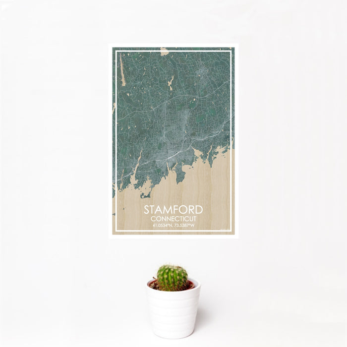 12x18 Stamford Connecticut Map Print Portrait Orientation in Afternoon Style With Small Cactus Plant in White Planter