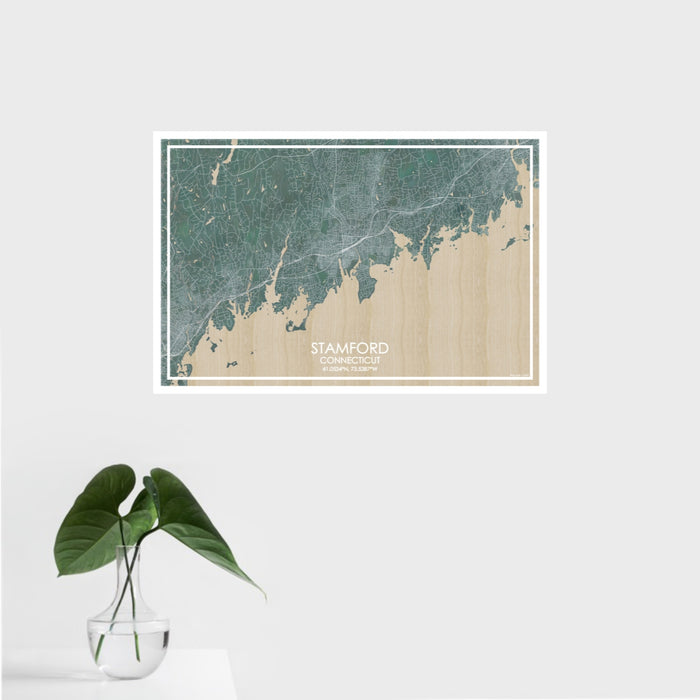 16x24 Stamford Connecticut Map Print Landscape Orientation in Afternoon Style With Tropical Plant Leaves in Water