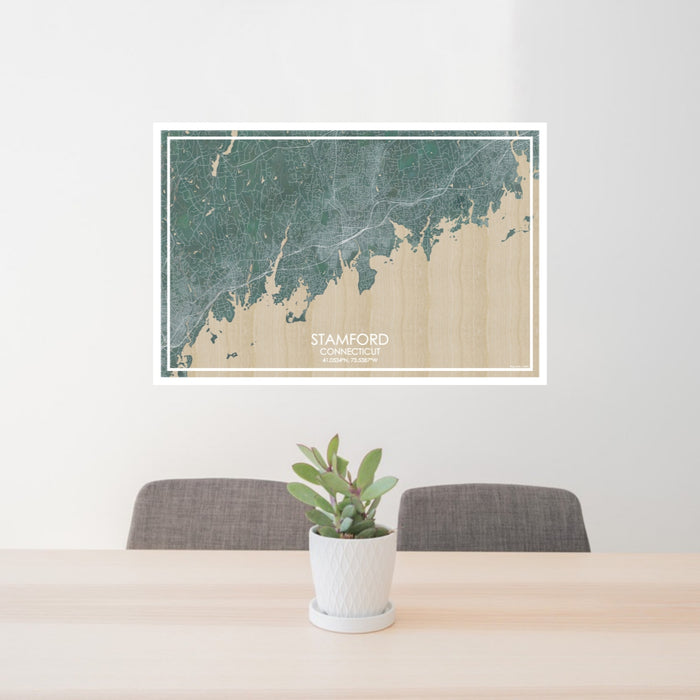 24x36 Stamford Connecticut Map Print Lanscape Orientation in Afternoon Style Behind 2 Chairs Table and Potted Plant