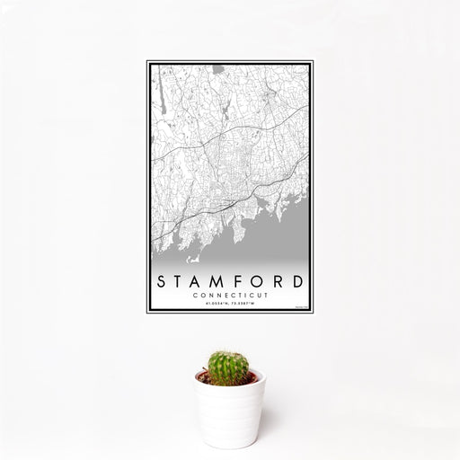 12x18 Stamford Connecticut Map Print Portrait Orientation in Classic Style With Small Cactus Plant in White Planter