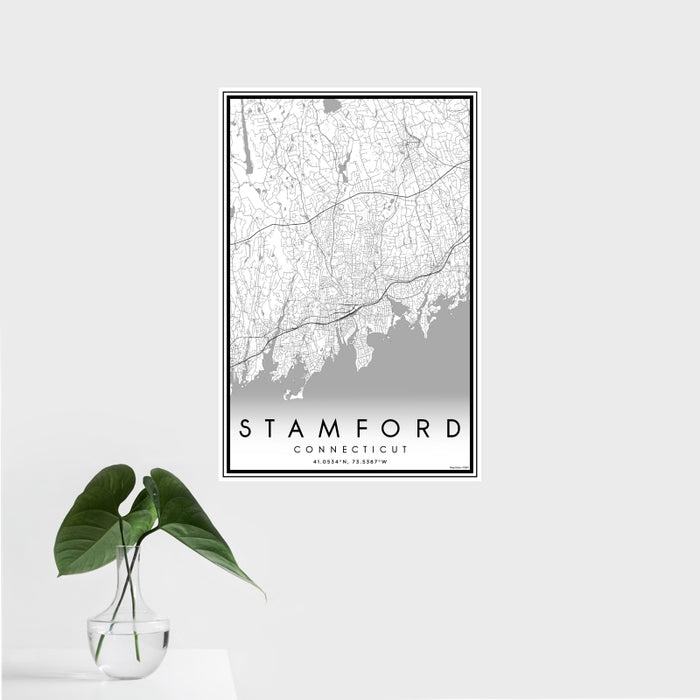 16x24 Stamford Connecticut Map Print Portrait Orientation in Classic Style With Tropical Plant Leaves in Water