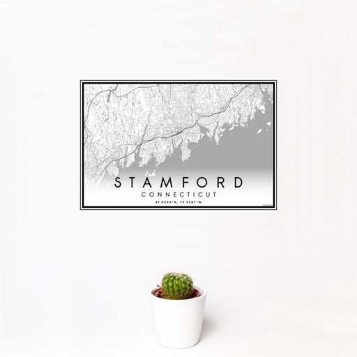 12x18 Stamford Connecticut Map Print Landscape Orientation in Classic Style With Small Cactus Plant in White Planter