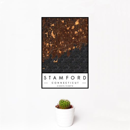 12x18 Stamford Connecticut Map Print Portrait Orientation in Ember Style With Small Cactus Plant in White Planter