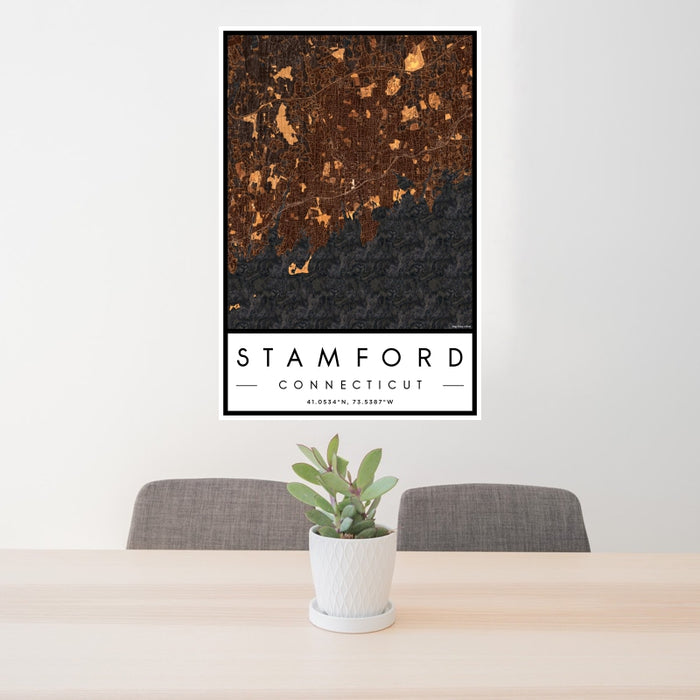 24x36 Stamford Connecticut Map Print Portrait Orientation in Ember Style Behind 2 Chairs Table and Potted Plant
