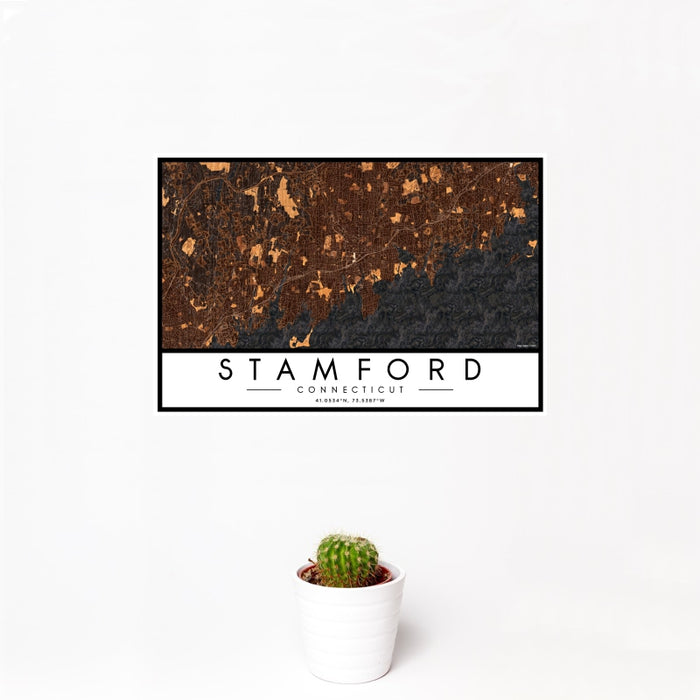 12x18 Stamford Connecticut Map Print Landscape Orientation in Ember Style With Small Cactus Plant in White Planter