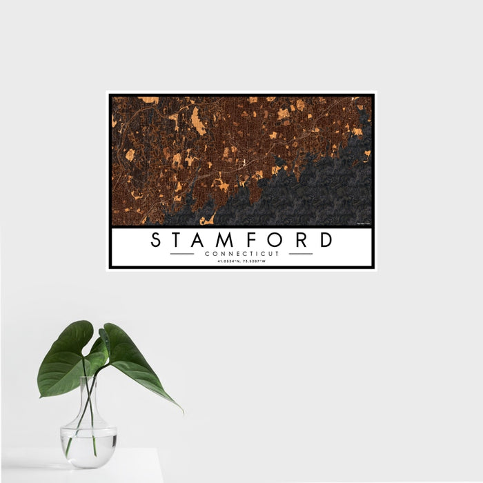 16x24 Stamford Connecticut Map Print Landscape Orientation in Ember Style With Tropical Plant Leaves in Water